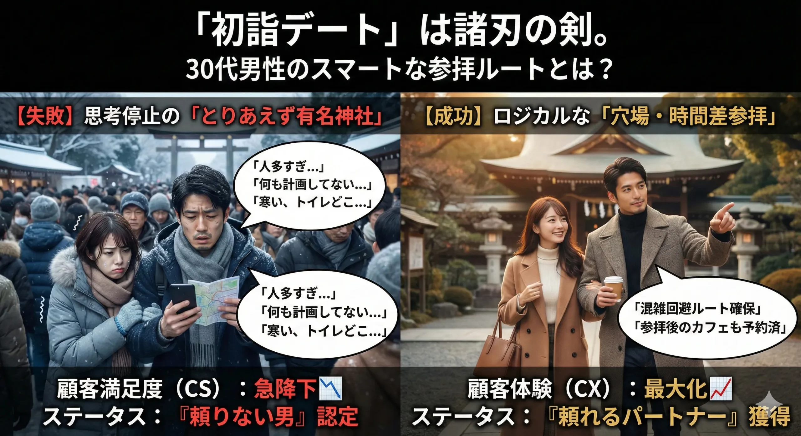 「初詣デート」は諸刃の剣。混雑と寒さで自爆しないための、30代男性のスマートな参拝ルート設計